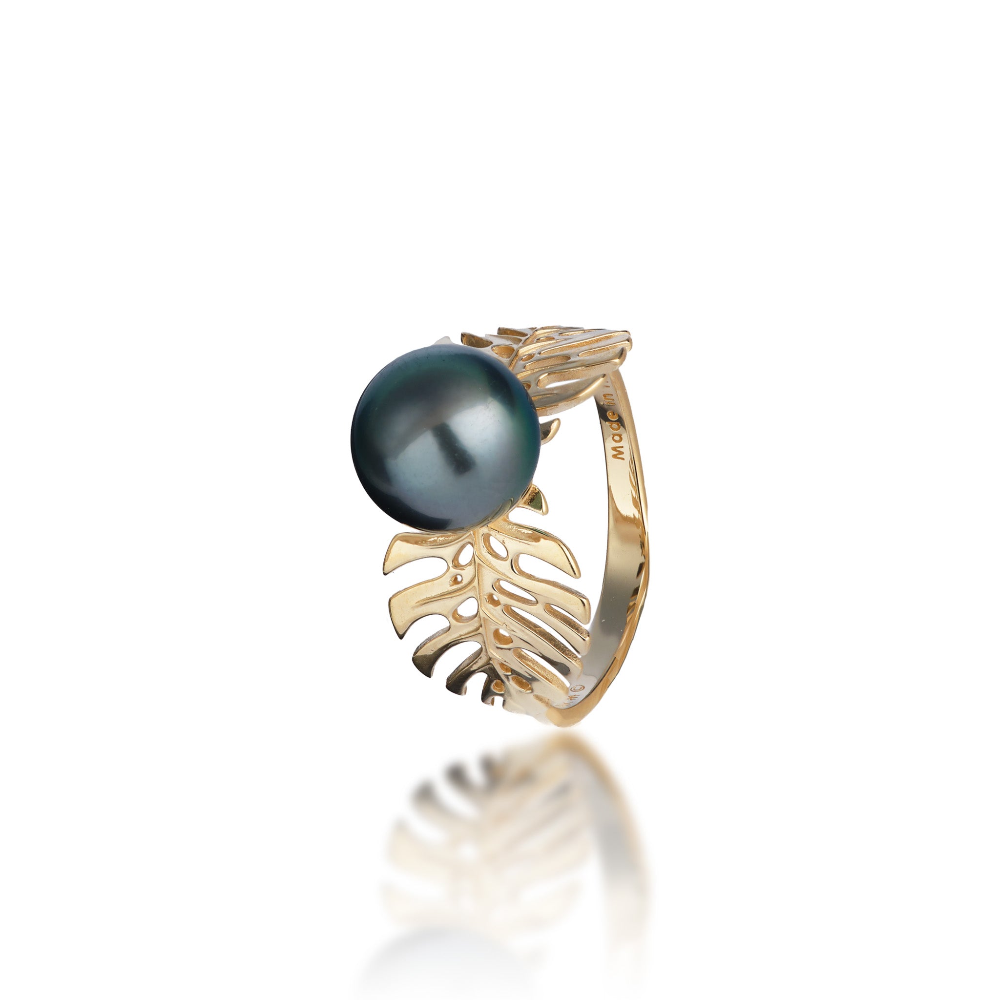 Monstera Tahitian Black Pearl Ring in Gold - 8-9mm