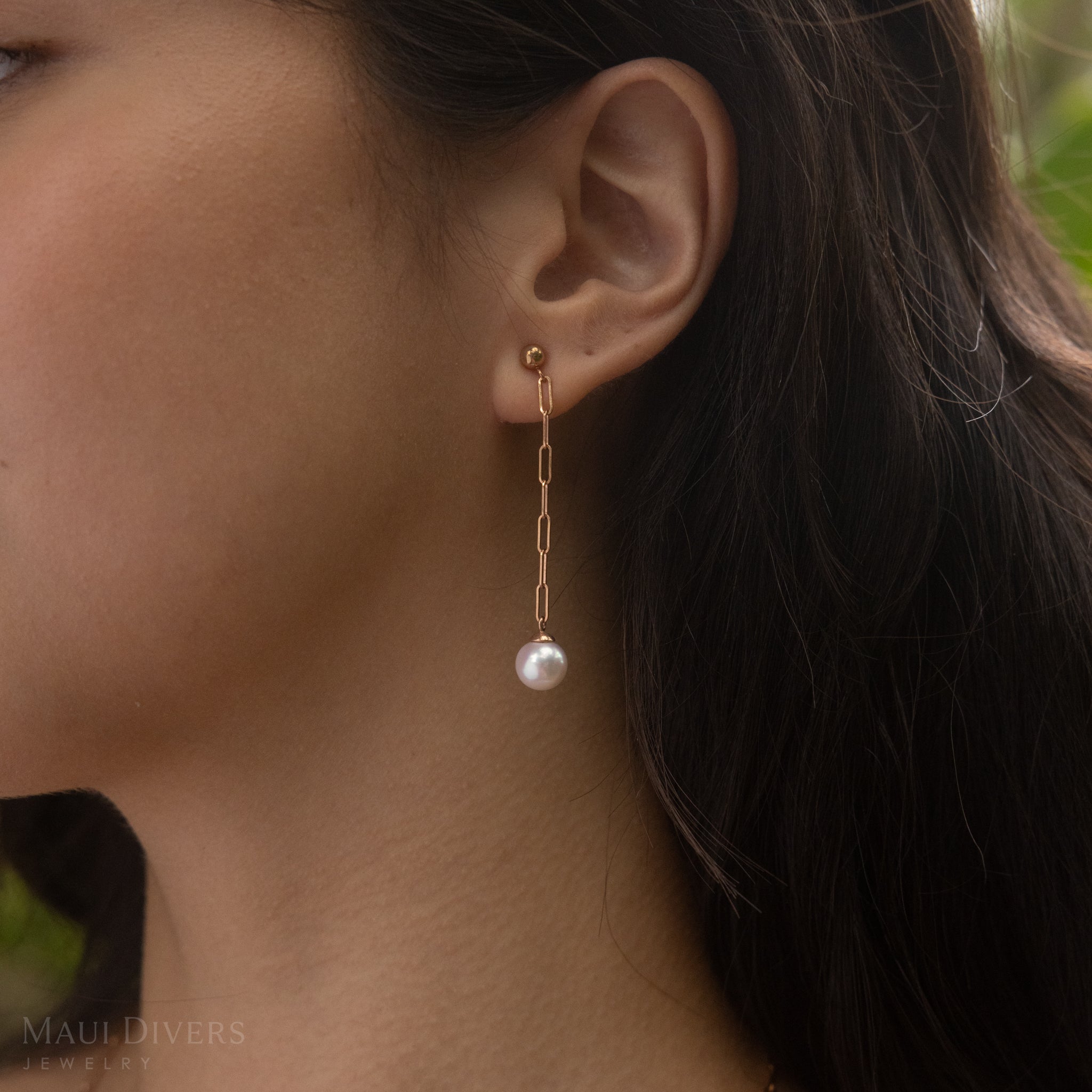 Akoya White Pearl Paperclip Chainearrings in Rose Gold -8mm