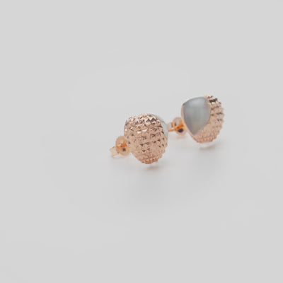 Close up of Cute Fruits Lychee Mother of Pearl Earrings in 14k Rose Gold on a rotating white background