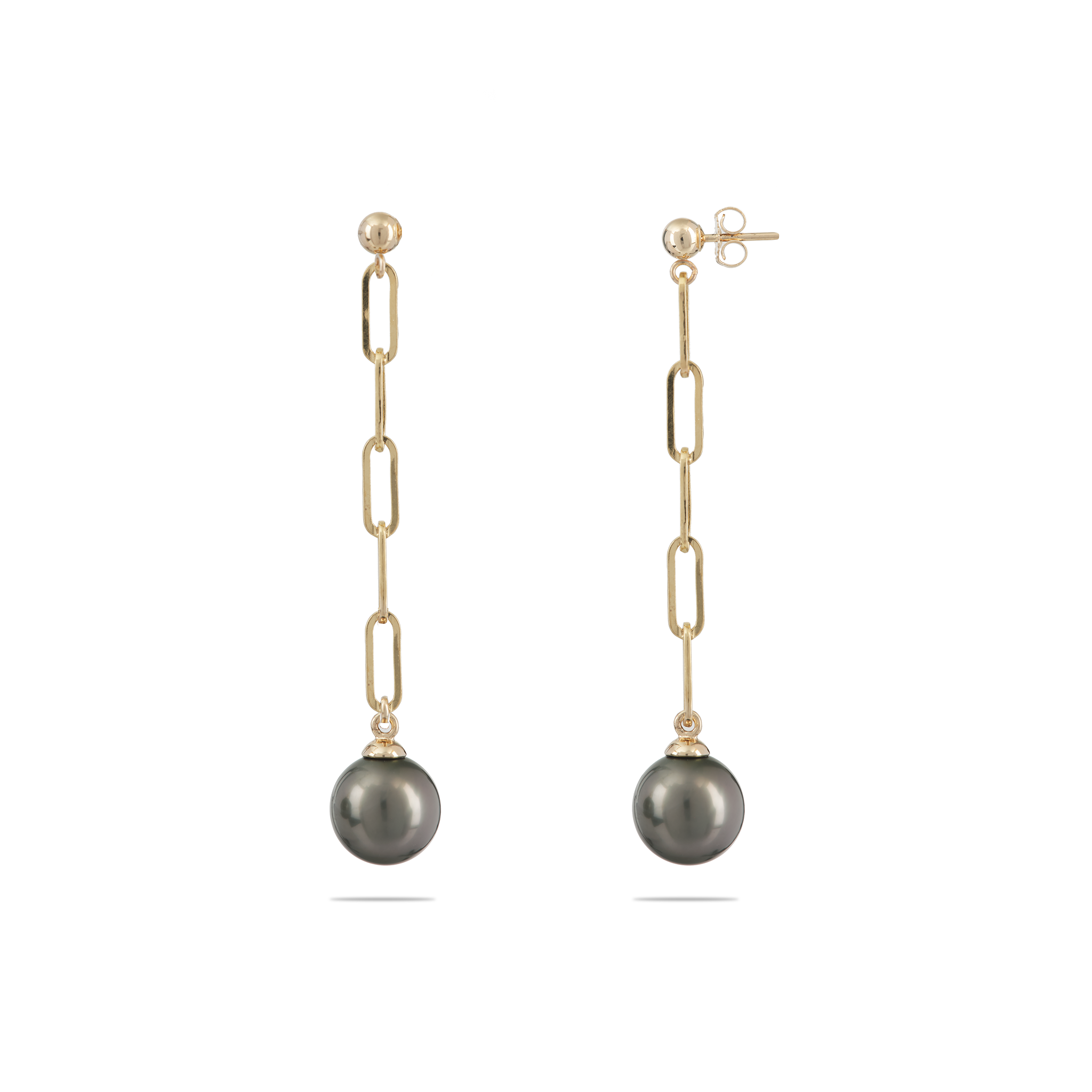 Tahitian Black Pearl Paperclip Chain Earrings in Gold - 10-11mm - Maui Divers Jewelry