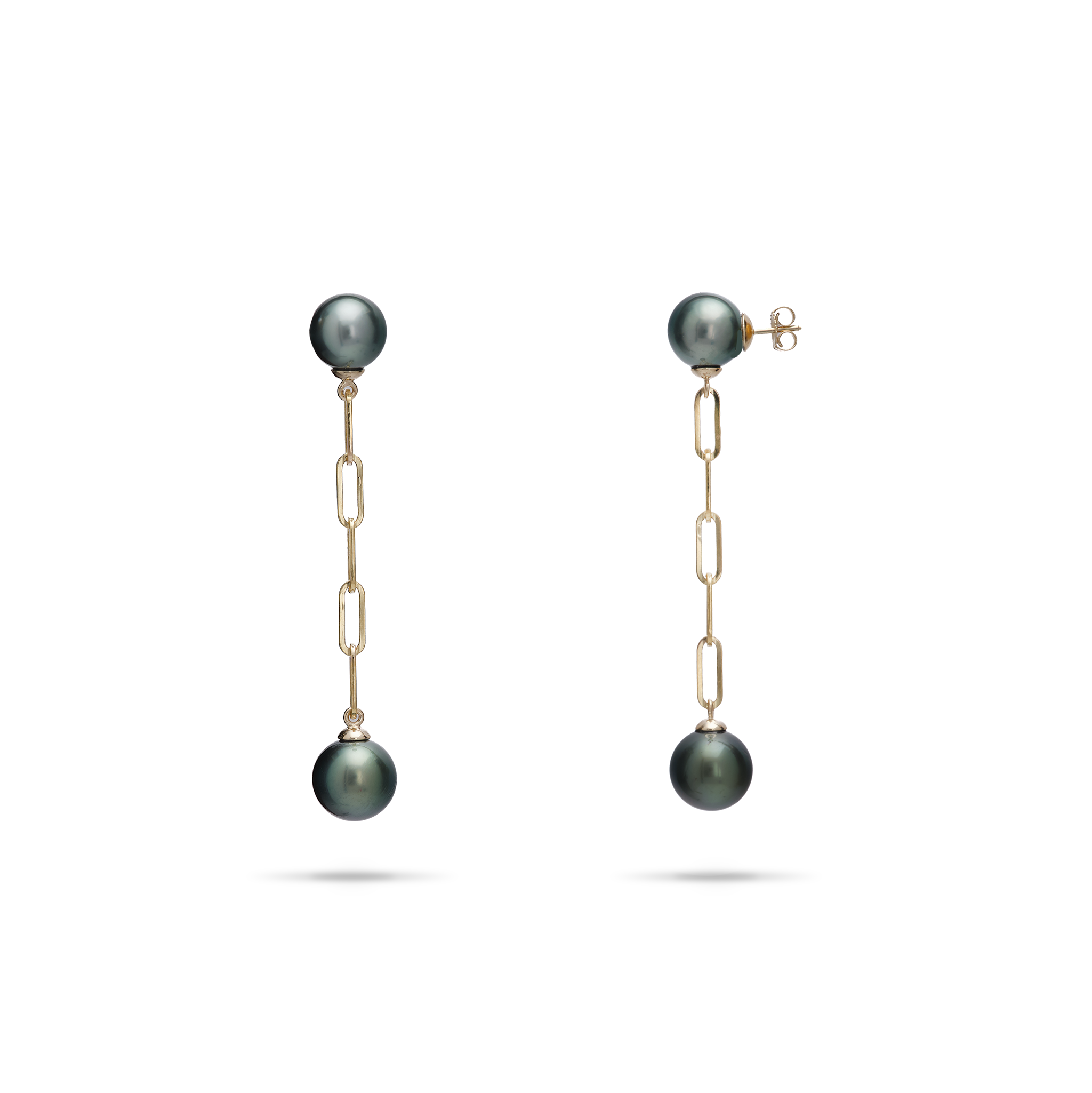 Tahitian Black Pearl Paperclip Chian Earrings in Gold - 9-10mm - Maui Divers Jewelry
