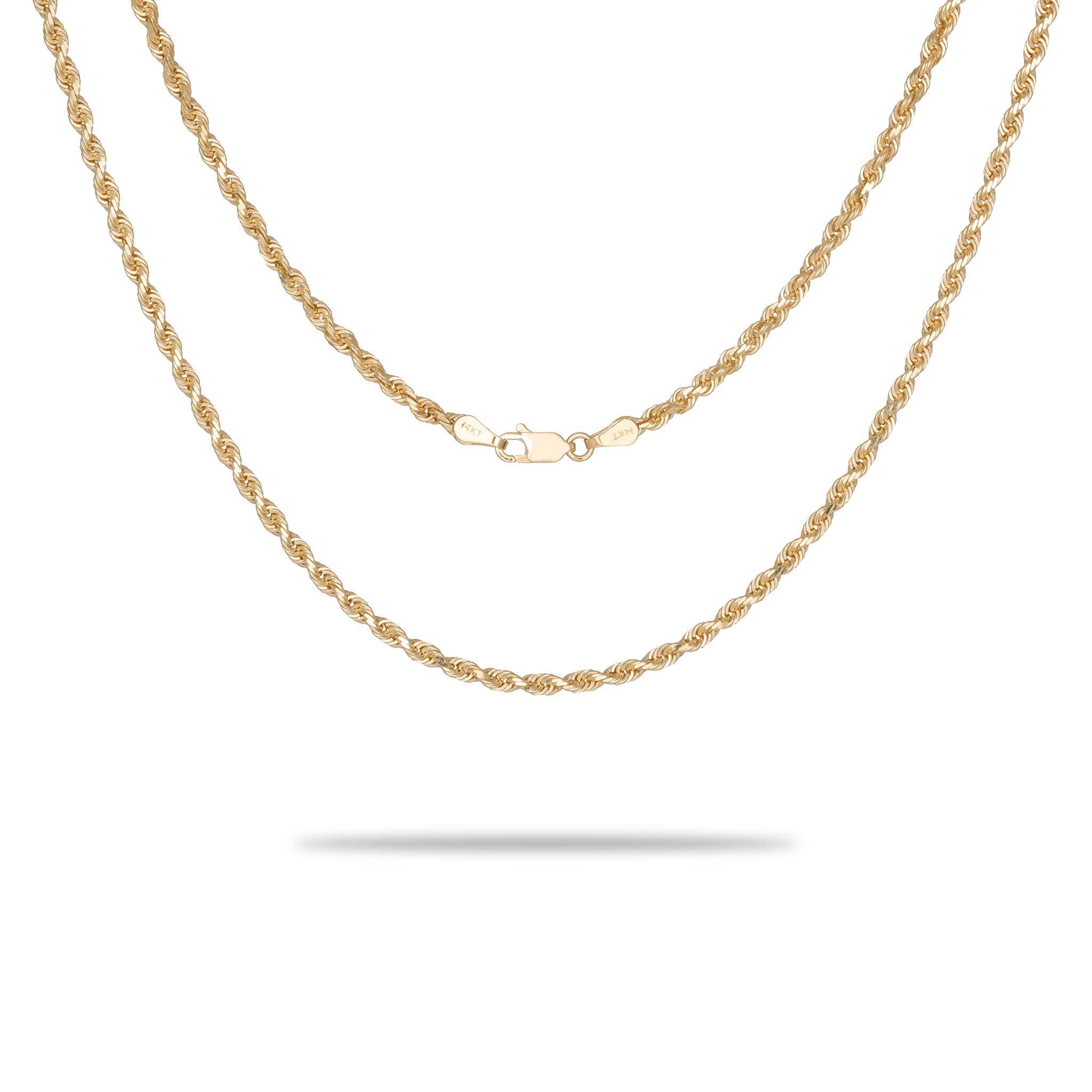 A 3mm Rope Chain in Gold with a clasp on a white background from Maui Divers Jewelry.	