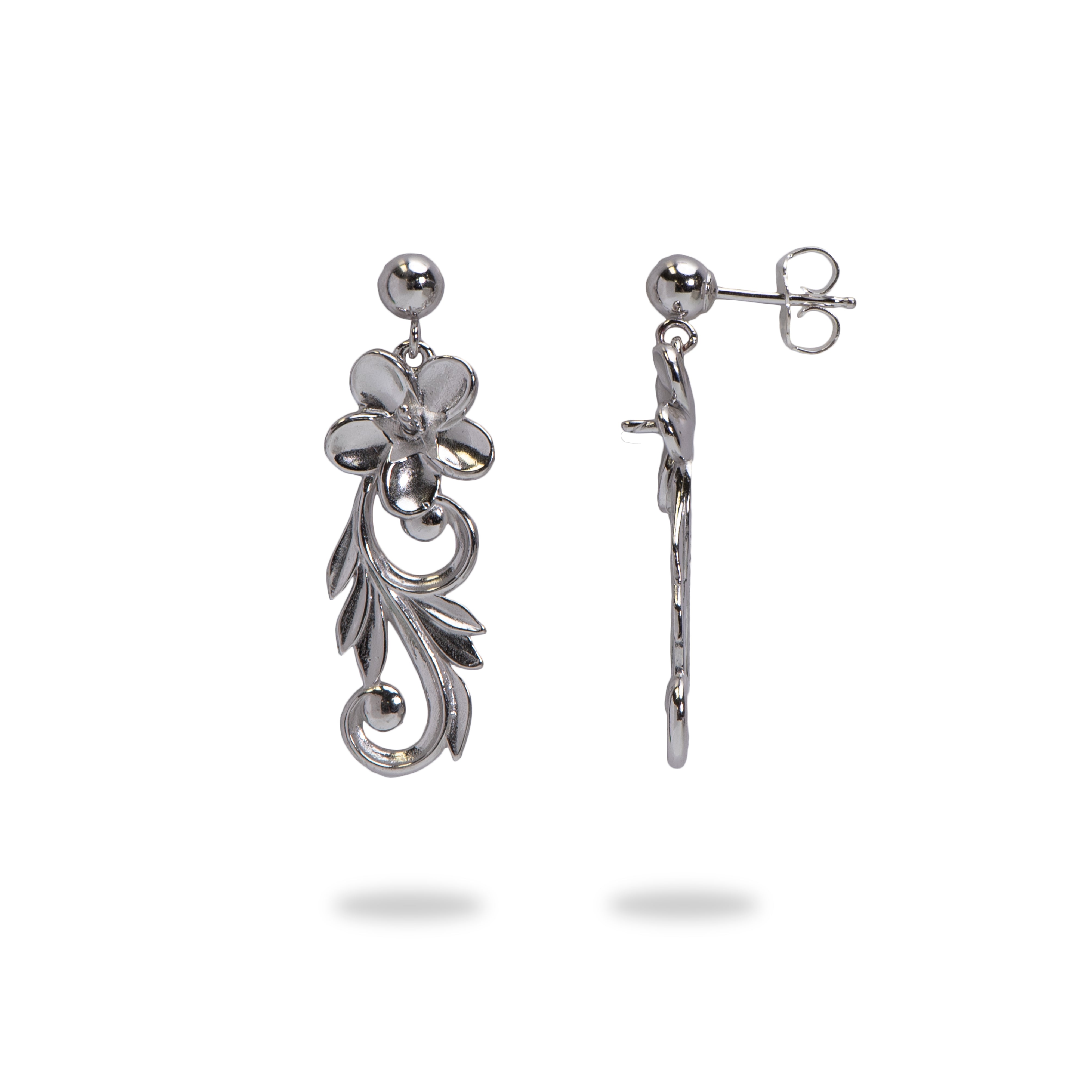 Pick A Pearl Hawaiian Heirloom Plumeria Scroll Earrings in Sterling Silver - 26mm - Maui Divers Jewelry