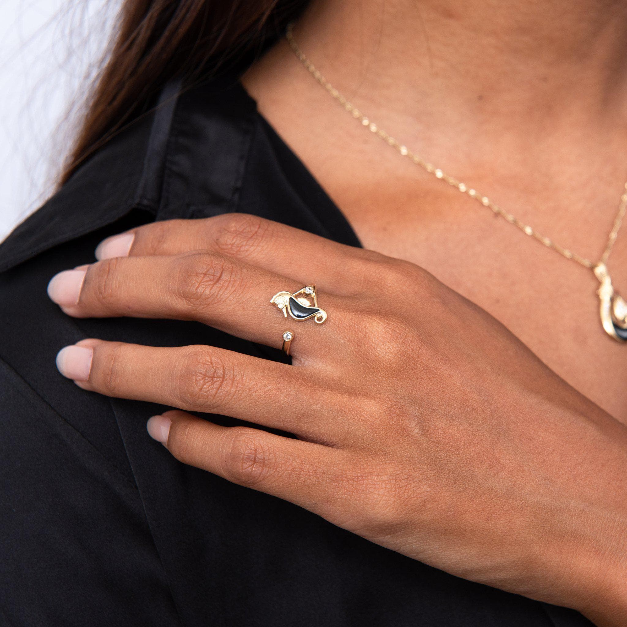 Sealife Seahorse Black Coral Ring in Gold with Diamonds  on model - 15mm-Maui Divers Jewelry